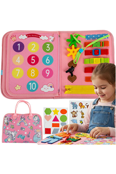 zola Montessori sensory book with activities, 7 in 1, made of felt, unicorn pattern, 22.5 × 28 cm, pink