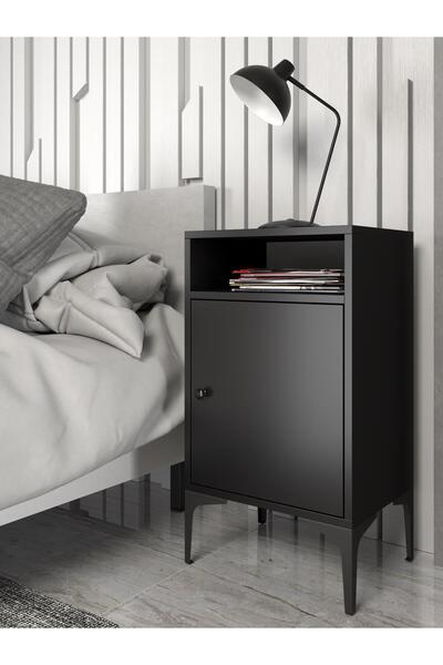 Wood'n Love Vio Metal Ayaklı Minifiks Bağlantı, Dolaplı Komodin - Siyah / Siyah