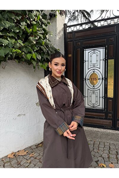 cemo Ekose Manşet Detaylı ve Bağcıklı Kemerli Kadın Uzun Trençkotu