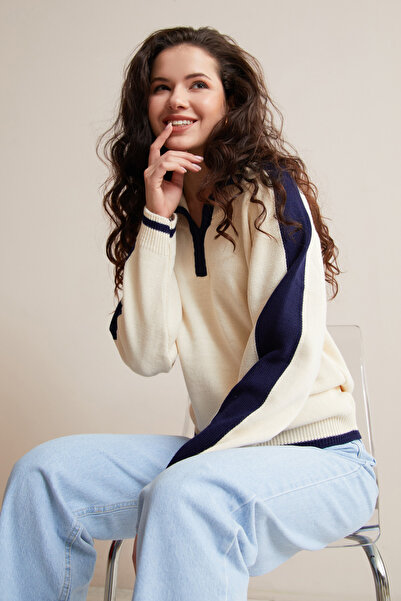 Fulla Moda Striped Polo Neck Casual Knit Sweater