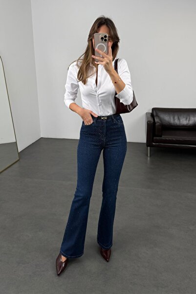 5in1Canpolat Dark Blue Stone Embroidered Flare Jean 7600