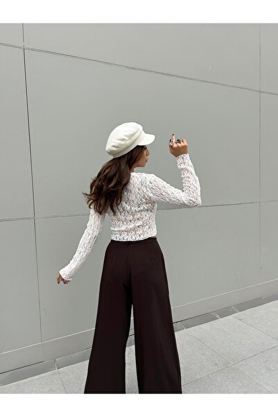 minaaise Women's Ecru Ruffled Lace Blouse 30106