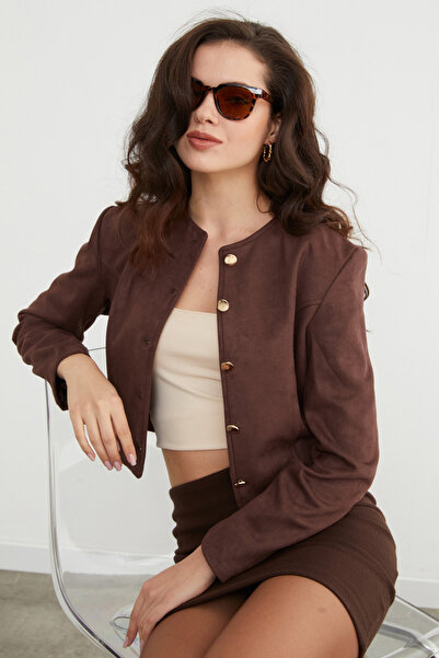 Fulla Moda Buttoned Suede Crop Jacket