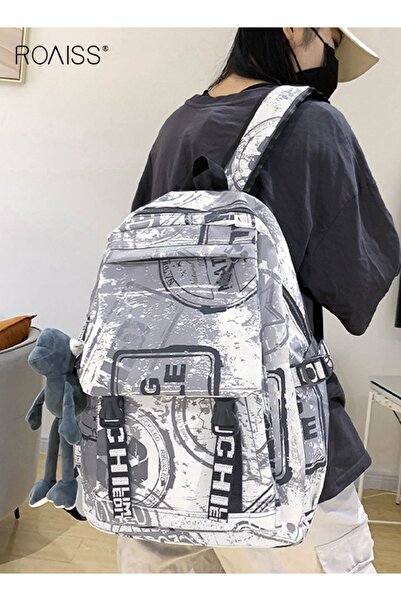 ROAISS حقيبة ظهر للجنسين بتصميم جرافيتي عصري بسعة كبيرة ومتينة وسحاب ناعم وقماش مريح قابل للتعديل