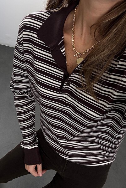 5in1Canpolat Tricotaj pentru colegiu cu mânecă lungă cu guler polo maro