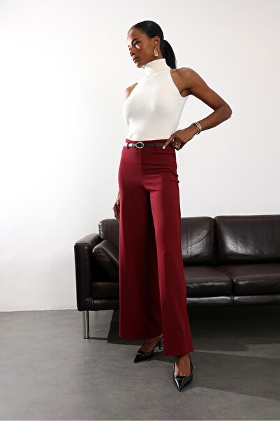 5in1Canpolat Burgundy Belted Stretch Fabric Palazzo Pants 9150