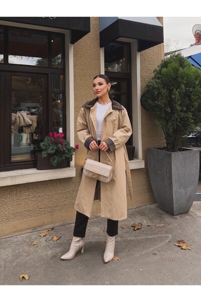 cemo Women's Long Trench Coat with Plaid Cuff Detail and Lace-Up Belt