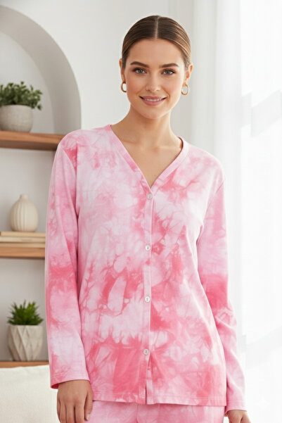 CrazyShopping Women's V-Neck Tie-Dye Print Button Front Long Sleeve Pajama Set