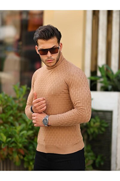 comstar سترة تريكو رجالية منقوشة بياقة عالية من فرو المنك