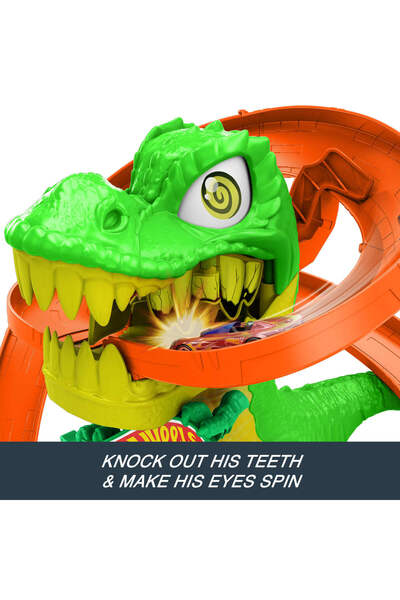 HOT WHEELS City T-Rex Blaze Battle Playset & 1:64 Scale Die-Cast Car, Dinosaur Nemesis