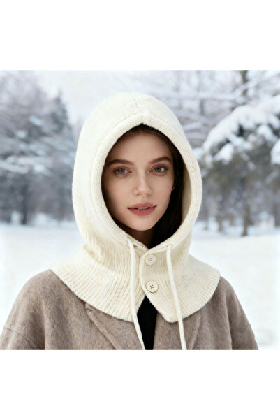 NO BRAND Women's autumn/winter warm knit wool hat, hooded scarf hat, off-white