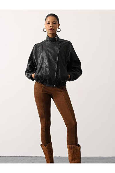 look design KADIN DERİ SİYAH BOMBER CEKET