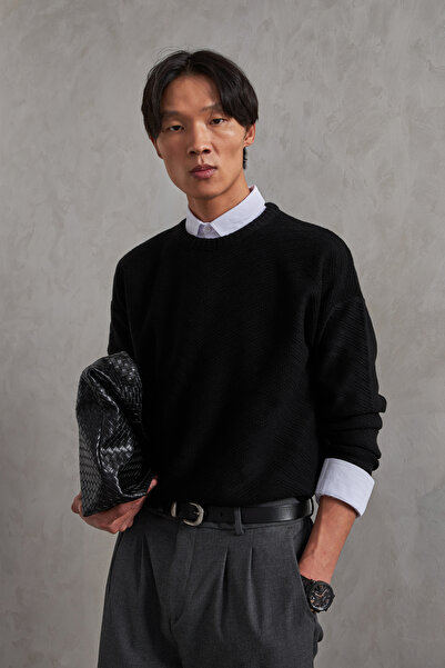 HYMAN Ανδρικό πουλόβερ με λαιμόκοψη oversized με αντίστροφο πλεκτό σχέδιο