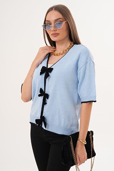 ŞİMAL Women's Bow Detailed Knitwear Knitted Short Sleeve Sweater 255179 -