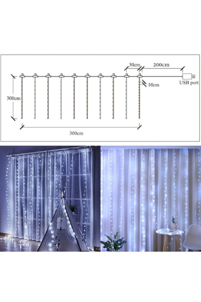 EMATTEIRO Instalație de Crăciun Tip Perdea 3x3m, 300 LED, USB, 8 Moduri, Telecomandă, Alb Rece