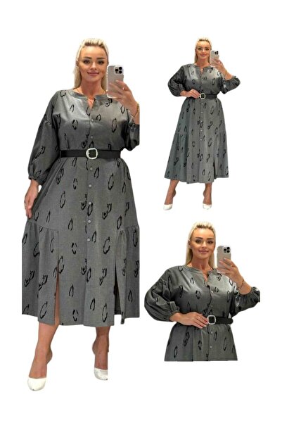 TESSY Kadın Büyük Beden Desenli Yırtmaçlı Full Düğmeli Elbise