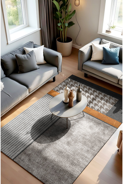 CANİLA Gri Modern Motifli Dijital Baskılı Dokuma tabanlı Şönil Halı