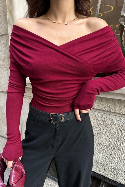 BEJNA Women's Burgundy Gathered Double-Breasted Neck Soft Textured Modal Blouse