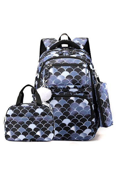 NO BRAND حقيبة ظهر مدرسية ابتدائية، طقم من 3 قطع، 32×20×46 سم، أسود