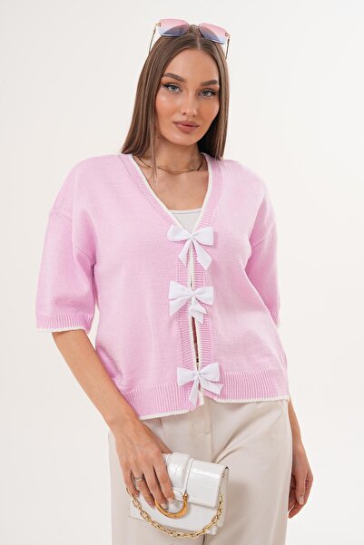 ŞİMAL Women's Bow Detailed Knitwear Knitted Short Sleeve Sweater 255179 -