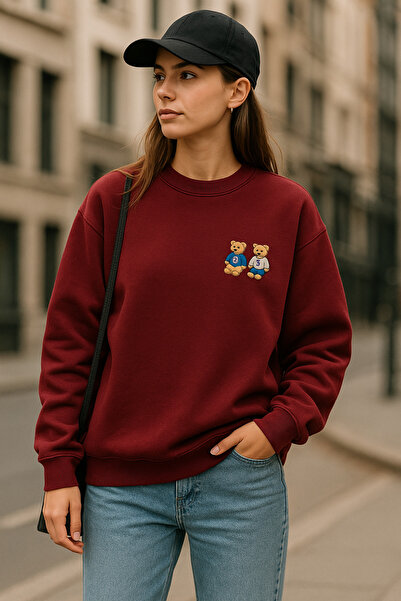 ŞIK VE MUTLU Embroidered Double Teddy Bear Compact Cotton Sweatshirt