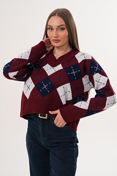 ŞİMAL Women's V-Neck Baklava Pattern Knitwear Knitted Sweater 255189 -
