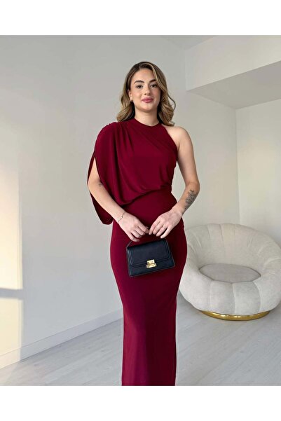 tiamoda Tek Omuz Drapeli Sandy Elbise