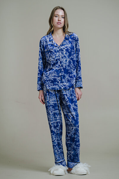 Mita Concept Dark Blue Patterned Velvet Pajama Set
