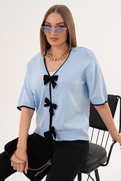 ŞİMAL Women's Bow Detailed Knitwear Knitted Short Sleeve Sweater 255179 -