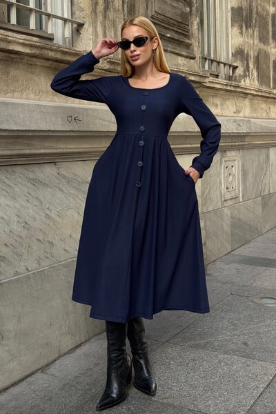 VAGGON Women's Navy Blue Button Detailed Round Neck Pleated Ottoman Dress Vs01649