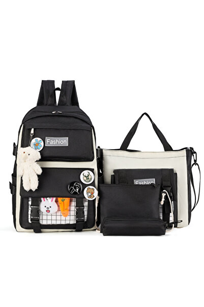 NO BRAND Student Backpack, 4-Piece Set, 29x12x43cm, Black