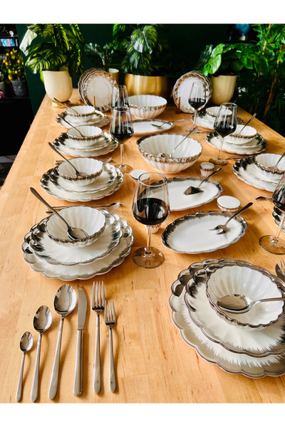 CASA DE BELLA Mary Silver 135 Parça 12 Kişilik Porselen Yemek Takımı ve Çatal...