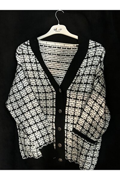 Bulutbutik1 Siyah Geniş Kalıp Tüvit Görünümlü Triko Hırka