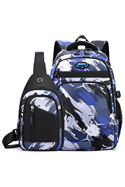 NO BRAND Men's Backpack Set (Backpack + Chest Bag), Large Capacity, Blue, 34x...