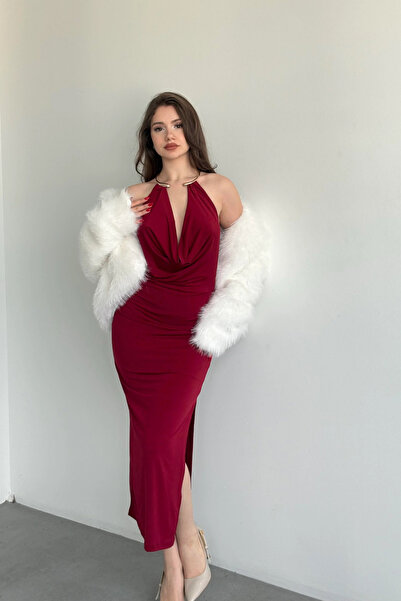 Sorridi Boynu Gold Aksesuarlı Drapeli Yırtmaçlı Midi Elbise