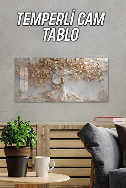 kutuTR 3D Görünümlü 2D Baskı Temperli Cam Tablo – Altın Dans Eden Ağaç Figürü...