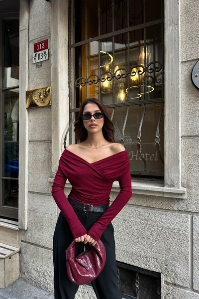 BEJNA Women's Burgundy Gathered Double-Breasted Neck Soft Textured Modal Blouse