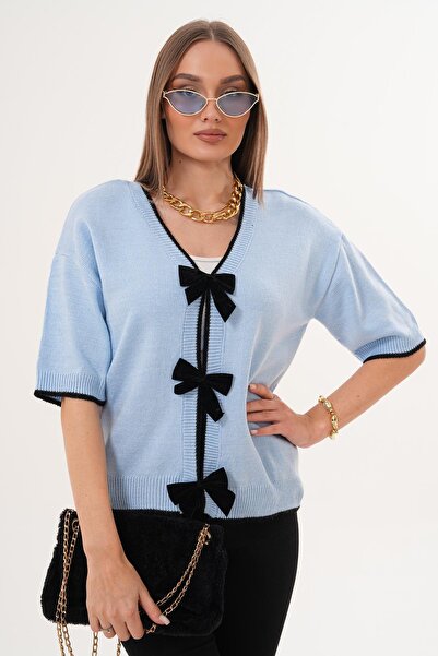 ŞİMAL Women's Bow Detailed Knitwear Knitted Short Sleeve Sweater 255179 -