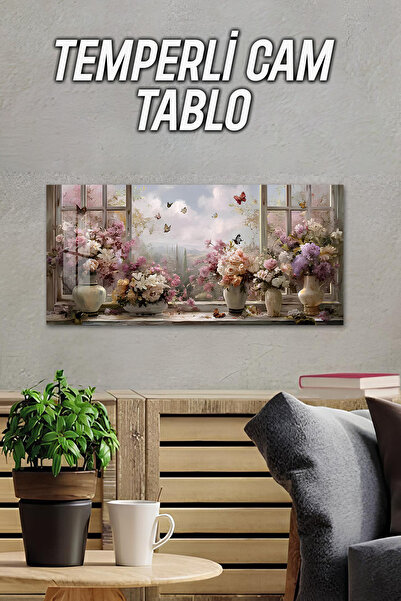 kutuTR 3D Görünümlü 2D Baskı Temperli Cam Tablo – Çiçekli Pencere Manzarası U...