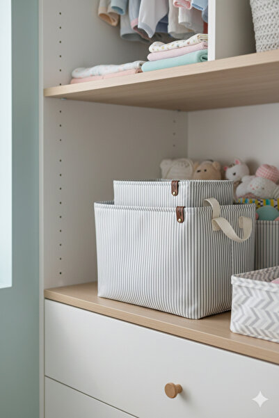 HomyJRs Gray Striped Multi-Purpose Closet Toy Storage Box Basket Organizer 2-Piece 18X22X30-37X27X25