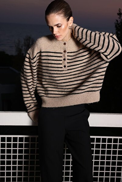 Mixray 6989 Women's Wool Blend Button Detail Premium Knitwear Sweater Brown Mink