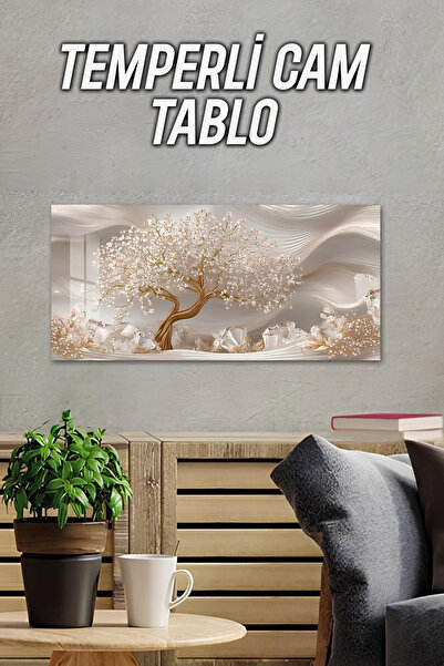 kutuTR 3D Görünümlü 2D Baskı Temperli Cam Tablo – Beyaz Çiçekli Ağaç Deseni U...