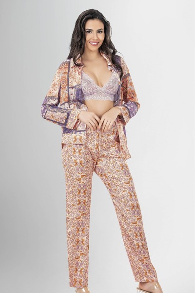 Loriva Premium Satin Women's Pajama Set – Soft Lilac Patchwork Pattern Soft T...