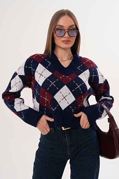 ŞİMAL Women's V-Neck Baklava Pattern Knitwear Knitted Sweater 255189 -