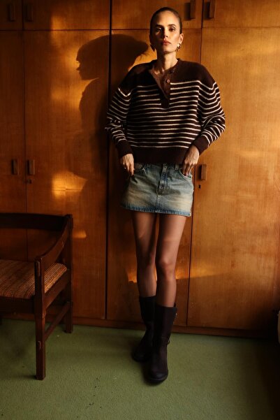 Mixray 6989 Women's Wool Blend Button Detail Premium Knitwear Sweater Mink Black