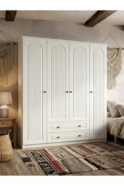 Free Home 4 Kapaklı MDF Dev Gardırop 180 x 208 Cm Bohem Çizgi Prestij Plus Beyaz Gardırop | Yatak Odası Dolabı
