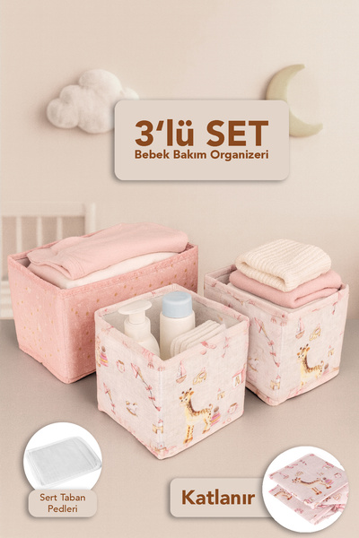 Meleni Baby 3'lü Çekmece Dolap İçi Düzenleyici - Katlanabilir Desenli Çocuk Bebek Odası Organizer Kutu Pembe