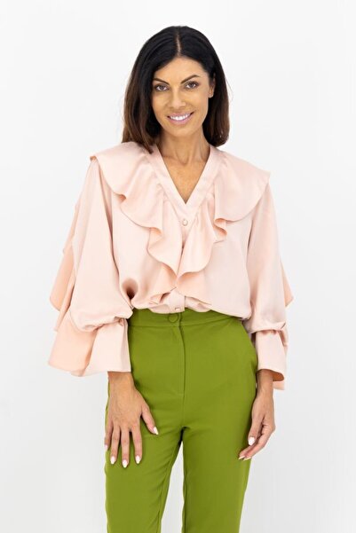 Kings & Clowns Women's office shirt with long sleeves and ruffles Pink