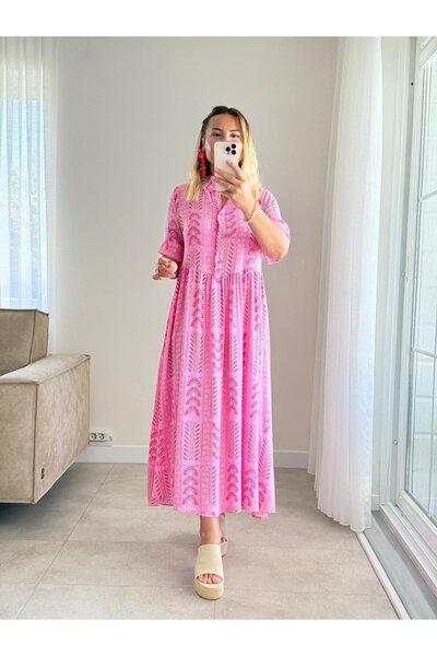 SEDA KOYUTÜRK Pembe Yarım Patlı Gömlek Elbise