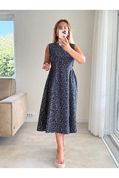 SEDA KOYUTÜRK Lacivert Çıtır Çiçekli Elbise